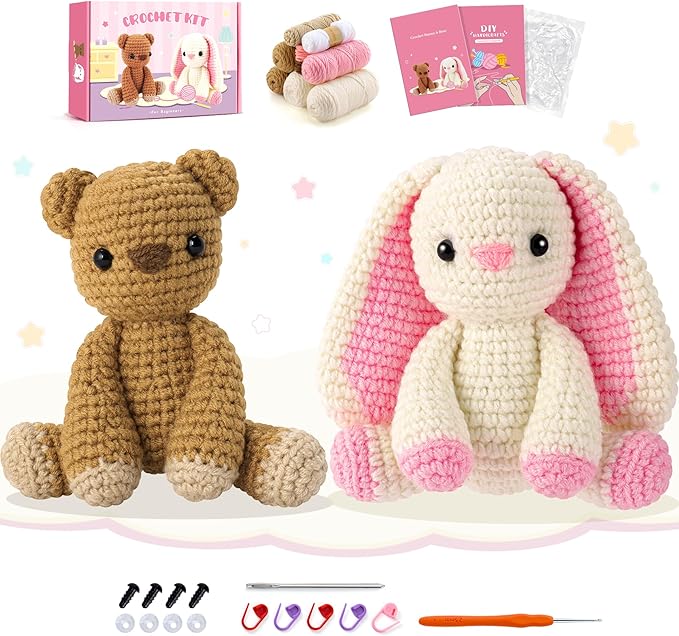 Easter Crochet Kit for Beginners, Bunny and Bear Crochet Kit with Step-by-Step Video Tutorials, Crocheting Kit for Starter, Beginner Crochet Kit for Adult, Stuffed Animal Knitting Kit for Birthday