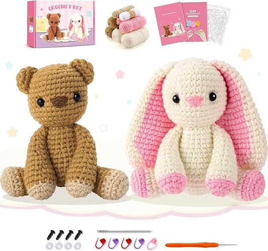 Easter Crochet Kit for Beginners, Bunny and Bear Crochet Kit with Step-by-Step Video Tutorials, Crocheting Kit for Starter, Beginner Crochet Kit for Adult, Stuffed Animal Knitting Kit for Birthday