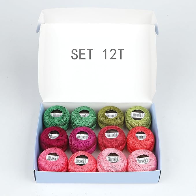 Size 8 Double Mercerized Egyptian Long Staple Cotton Pearl Thread 12 Gradient Colors per Box 5 Grams Ball Rainbow Color Embroidery Thread for Crochet Cross Stitch Hand Embroidery (12T)