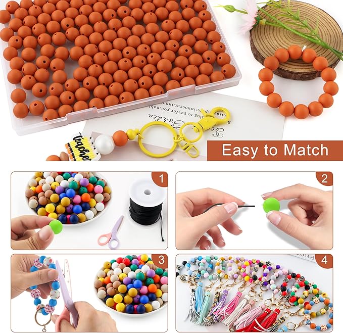 160Pcs 12mm Silicone Beads for Keychain Making Bracelet Necklace, Bulk Round Silicone Beads for Pens(Rust Brown)
