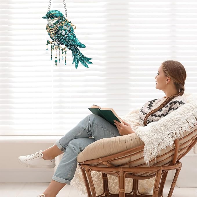 Bimkole Bird Diamond Art Hanging Kit for Adult, DIY 5D Animals Diamond Art Painting Window Pendant, Acrylic Crystal Art Hanging Ornament for Wall Home Garden Front Door Decor - 7.8x7.8 Inch