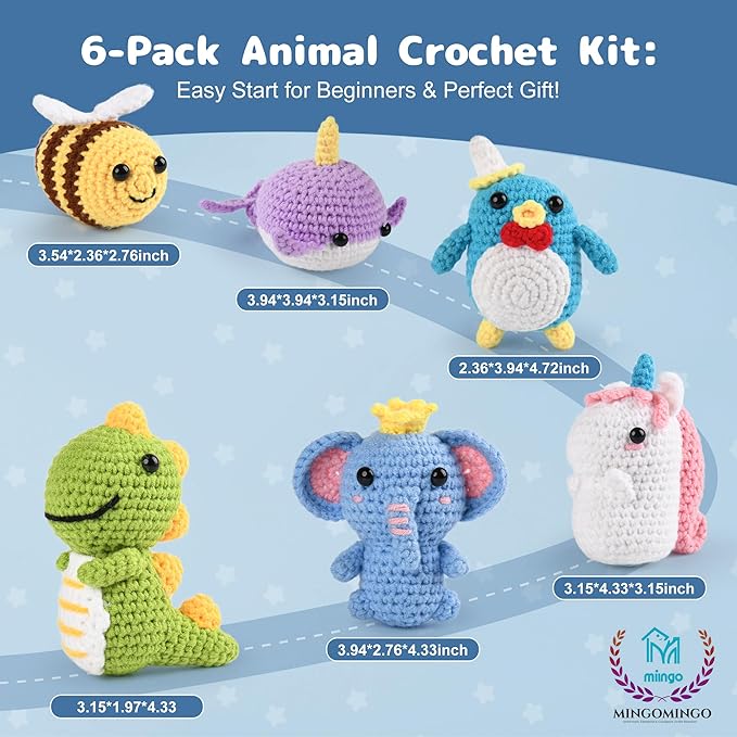 MINGOMINGO Crochet Kit for Beginners - 6 Pack Animals Amigurumi, DIY Craft for Adults and Lover, Gift for Crochet Lovers,Christmas Gifts, with Step-by-Step Video Tutorials (40%+ Yarn)