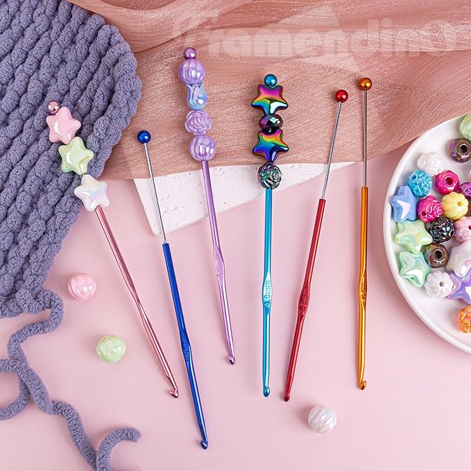 Framendino, 6 Pack Beadable Crochet Hooks 4 mm Aluminum Set for Knitting Scarf Hat Colors