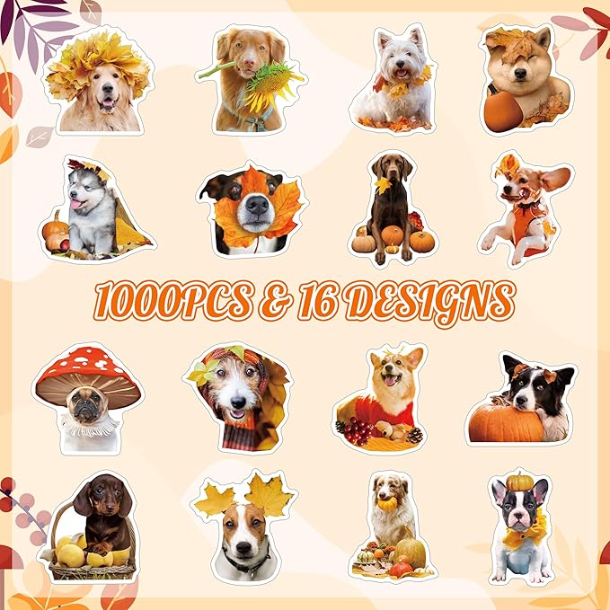 h1vojoxo autumn thanksgiving sticker rolls - 1000pcs fall dog dress up stickers in 2 rolls 16 designs autumn thanksgiving self-adhesive sticker for kids craft envelope dog lover holiday party supplies