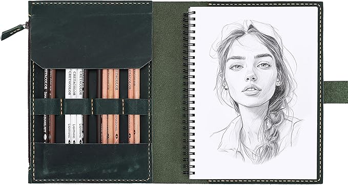 Leather Sketchbook Cover for A5/5.5"x8.5" sketch pads - Handmade Genuine Leather Artist Case with Pencil Holder & Zipper Pocket, Professional Drawing Supplies(Green, 5.5"x8.5")