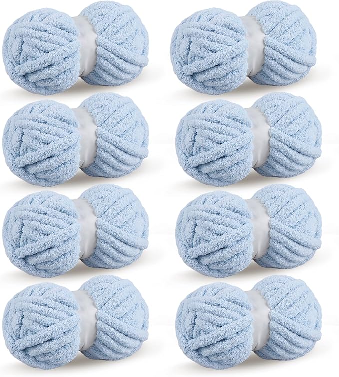 Sky Blue Chunky Chenille Yarn for Crocheting Bulky Thick Fluffy Yarn for Knitting,Super Bulky Hand Blanket, Soft Plush Yarn Crochet Carpet/Scarf/Cushion/ 8 Jumbo Pack(63.76oz/197.68yd
