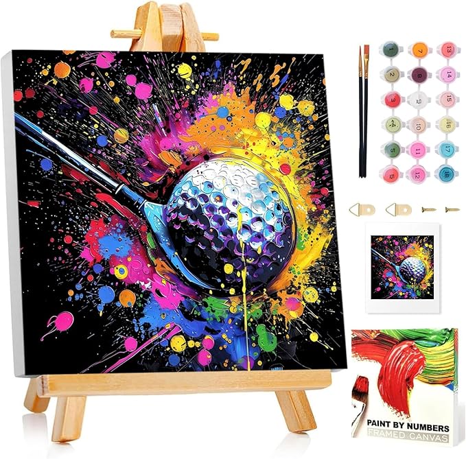 Paint by Numbers Kit for Kids with Frame, Golf Paint by Numbers for Kids Ages 4-8-12, DIY Golf Acrylic Oil Painting for Home Wall Art Decor Gift 7.8x7.8 inch (with Frame Wooden Easel)