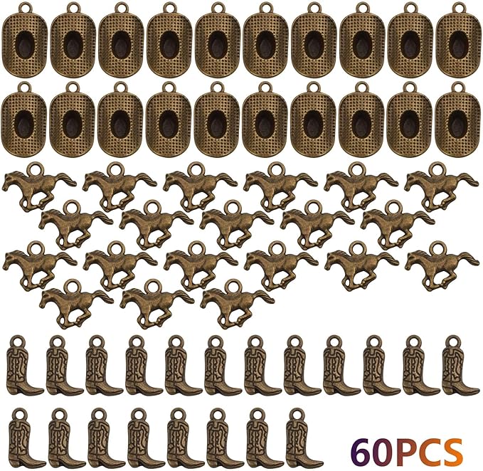 60pcs Antique Bronze Western Themed Cowboy Charms Tibetan Alloy Western Cowboy Hat Boot Horse Pendants Charms for DIY Bracelet Necklace Earrings Jewelry Making