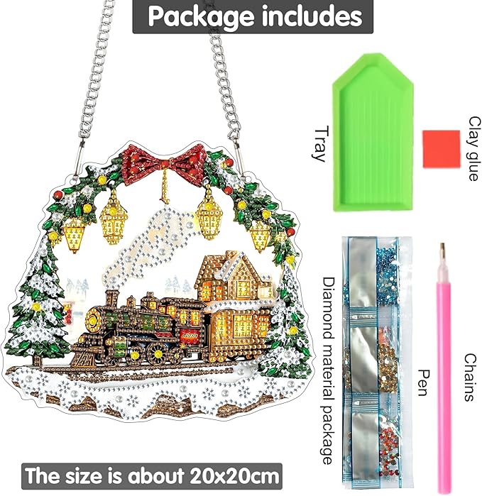 Yomiie Train House Sun Catcher Window Hanging - DIY Double Sided Diamond Painting Pendant Kit, Acrylic Diamonds Art Ornament for Front Door Sign & Indoor/Outdoor Garden Christmas Decor(8x8 inch)