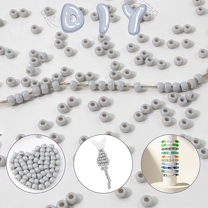 1000 Pc Boxed Grey Pony Beads, 9MM Plastic Craft Beads with Large Hole, Grey Hair Bead for Braids, Bracelet Bead for Jewelry Making