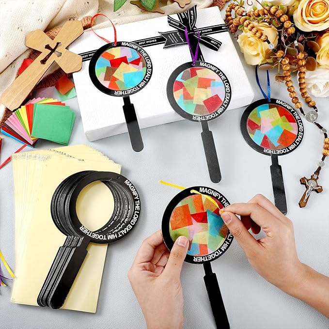 Motipuns 32 Sets Magnify Suncatchers Craft Kits DIY Magnifying Glass Shape Church Christian Religious VBS Craft Stained Glass Effect Tissue Paper Kit for Sunday School Resurrection Window Art