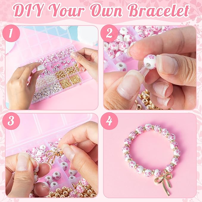 OSNIE Pink Flower Ceramic Beads - 681Pcs Vintage Pink Flower Printed Spacer Beads, Round Porcelain Pearl Gold Bead Making Kit for Women, Bow Charm DIY Jewelry Supplies Handmade Craft Gift for Necklace