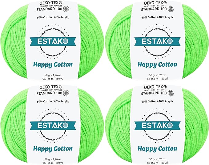 Estako Happy Cotton, (4 Skeins Pack) 60% Cotton 40% Acrylic Yarn, Soft, Fine/Sport (2) for Crochet and Knitting (4 x 1.76 Oz) / (4 x 180 Yrds) (4950 - Pistachio)