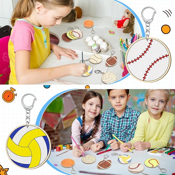 Trnayi 36 Pcs Color Your Own Sports Ball Keychains Crafts for Boys Girls Unfinished Wooden Football Basketball Soccer Crafts Blank Wood Painting DIY Crafts for Home Classroom Activities Project Decor