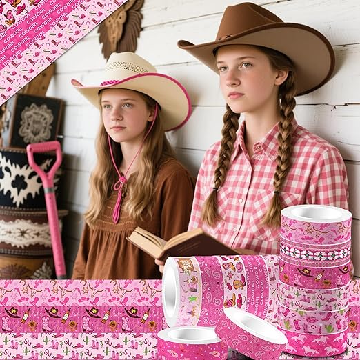 12 Rolls Western Washi Tape, Pink Wild West Masking Tapes, Western Cowboy Cowgirl Decorative Paper Stickers for Scrapbook Journal DIY Art Crafts Wrapping Birthday Party Supplies 16.4FT