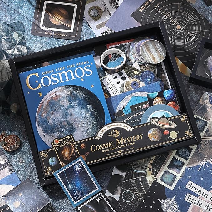 Scrapbook Kit Junk Journal Supplies with A6 Grid Notebook,154 Pieces Space Stationery Set with Cosmic Stickers and Paper for Women Teens, Blue Celestial Theme