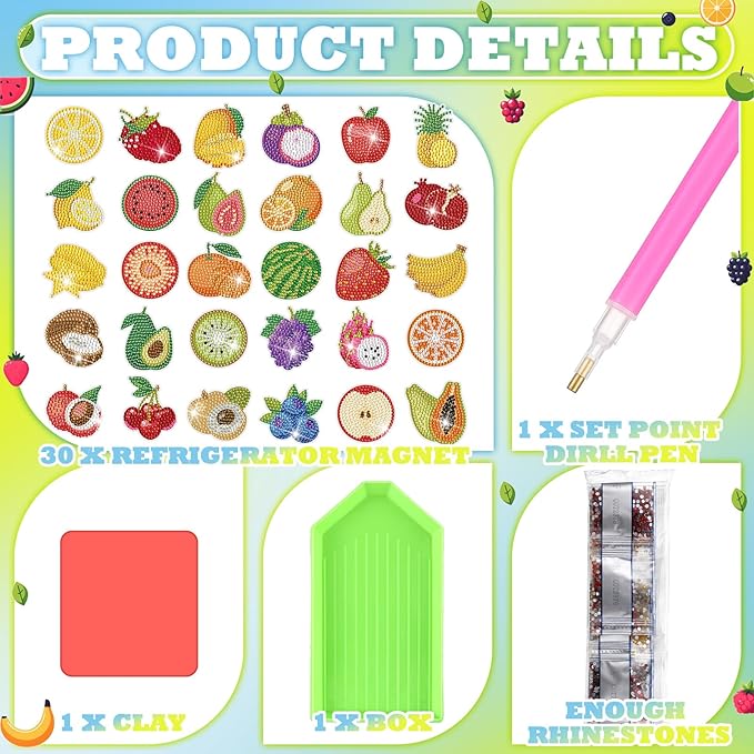 30 Pcs Diamond Art Painting Magnets Fruit Fridge Magnetic Diamond Art Painting Kits Fridge Sticker Magnet DIY Craft for Adult Beginner Toy Xmas Home Office Decors