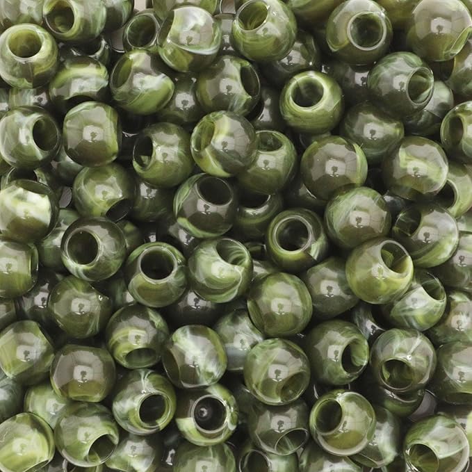 300 acrylic large hole beads for crafts and for hair 10mm x 12mm acrylic barrel beads with 5.7mm large hole in camo, olive green and white marble swirl for men and women