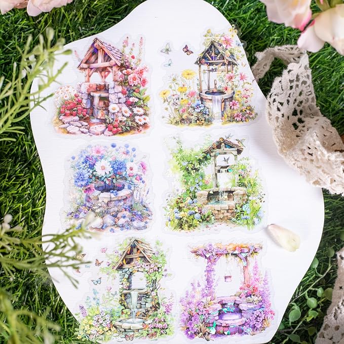60Pcs The Well of Wishes Series PET Scrapbook Stickers, Flowers Bloom Story Stickers Kit for Scrapbooking, Junk Journal Ephemera, DIY Crafts Waterproof Journaling Supplies