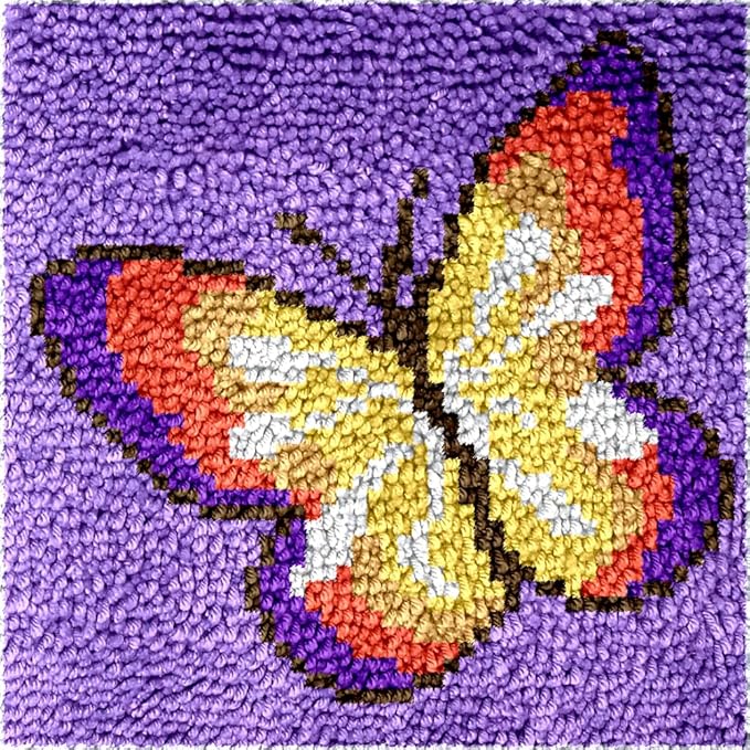 Numptain Latch Hook Kits for Adults,DIY Rug Crafts Butterfly Pattern Color Printed Canvas,Latch Hook Kits for Beginners Handmade Needlework Crafts Home Decoration,12"x12"