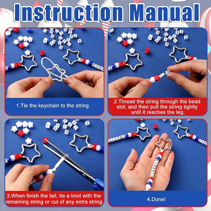 Landical 564 Pcs Patriotic Keychain DIY Making Kit Star Bead Keychain Kit Independence Day Key Chain 250th Anniversary Making Craft Adjustable Memorial Day Gift Accessories Favor(Red Blue White)