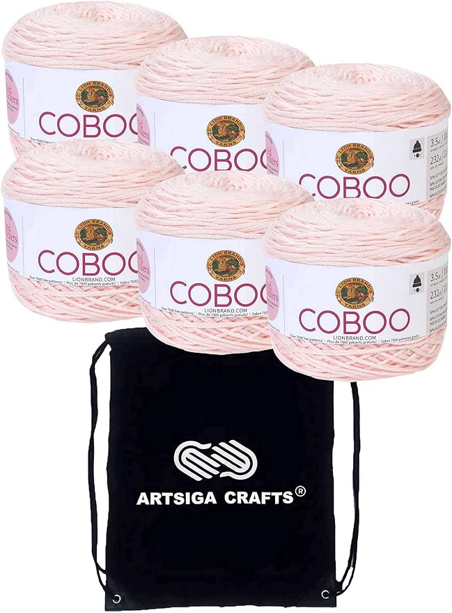 Lion Brand Coboo Pale Pink 835-102 (6-Skeins - Same Dye Lot) DK Light Worsted #3 Cotton, Bamboo Yarn for Crocheting and Knitting with Project Bag