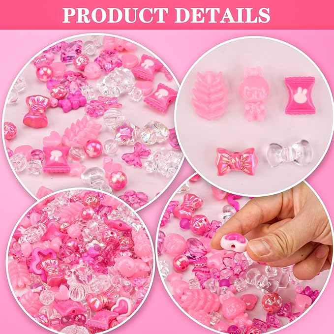 ABONDEVER 245-300Pcs Assorted Acrylic Beads for Bracelets Making Cute Star Bow Flower Candy Heart Gummy Bear Butterfly Beads for DIY Jewelry Crafts Keychain Necklace Phone Charms(Rose Pink)