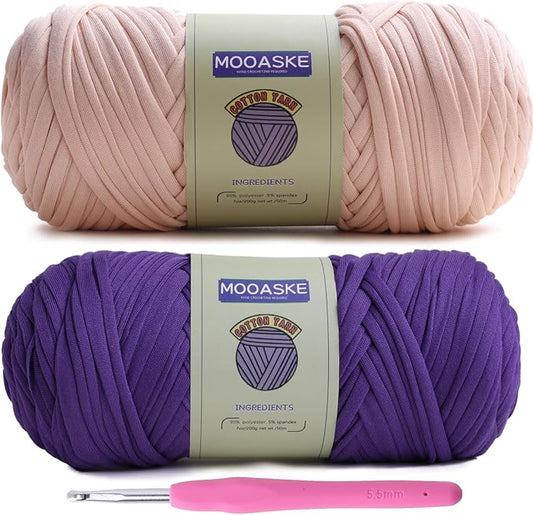 2 Pack T-Shirt Crochet Yarn for DIY Knitting Crochet Cloth Blanket Bag Dolls - 400g Chunky Thick Yarn for Crocheting with Polyester-Spandex Blend Elastic Fabric (Beige+Purple)