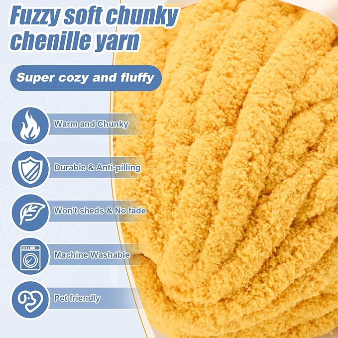 Chunky Yarn for Hand Knitting, Jumbo Chunky Yarn for Crocheting, Chunky Chenille Yarn, 8 Pack (32 yds 8.5 oz Each Skein),#7, Turmeric