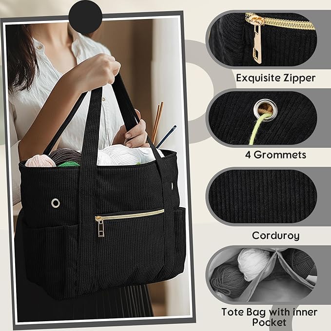 Bulyoou 2 Pcs Crochet Bag and Tote Set Corduroy Yarn Bag for Hooks Organizer Yarn Holder for Crochet Lovers Knitting Accessories (Black)