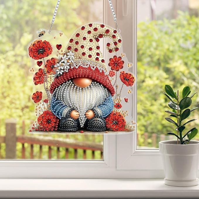 HEIBAGO Gnome Diamond Art Hanging Kits for Adults, Diamond Art Suncatchers Bee, 5D Special Shape Diamond Painting Pendant, DIY Window Ornament Gifts for Home Garden Door Wall Decor 8.3 x 8.3 Inch