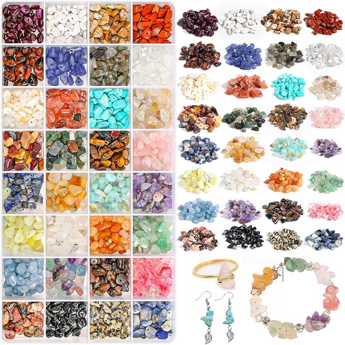 Jollidecor 32 Colors Crystal Stone Beads for Ring Making, Crystal Chips Gemstone Beads Kit Assorted for Jewelry Bracelets, 5mm to 8mm Irregular Rocks Beads Necklace Earring Craft DIY Supplies