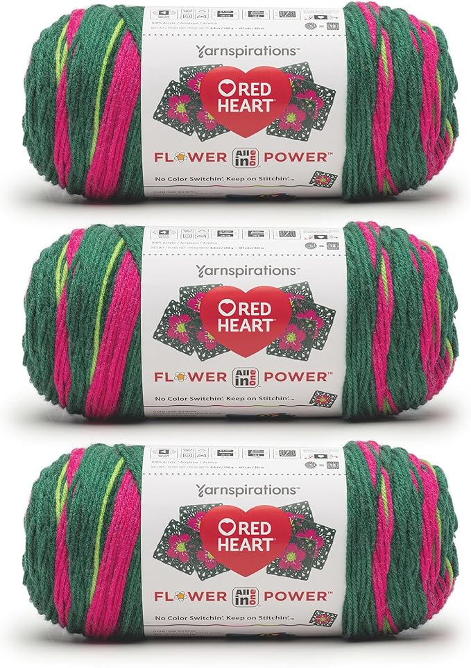 Red Heart All in ONE Flower Power Hyacinth Bucket Yarn - 3 Pack of 8.8oz/250g - 100% Acrylic - #4 Worsted (Medium) - 440 Yards - Knitting/Crochet