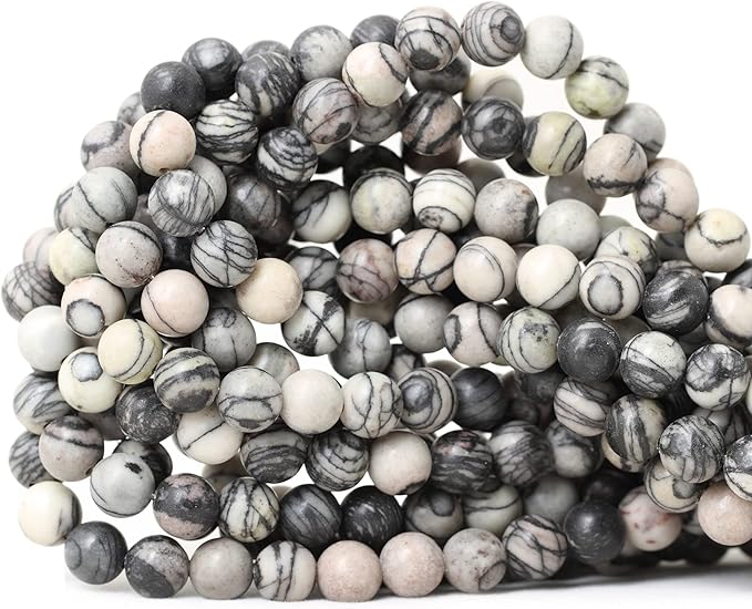 cheavian 45pcs 8mm natural black network zebra stone round loose beads for jewelry making diy bracelet necklace materials 1 strand 15"
