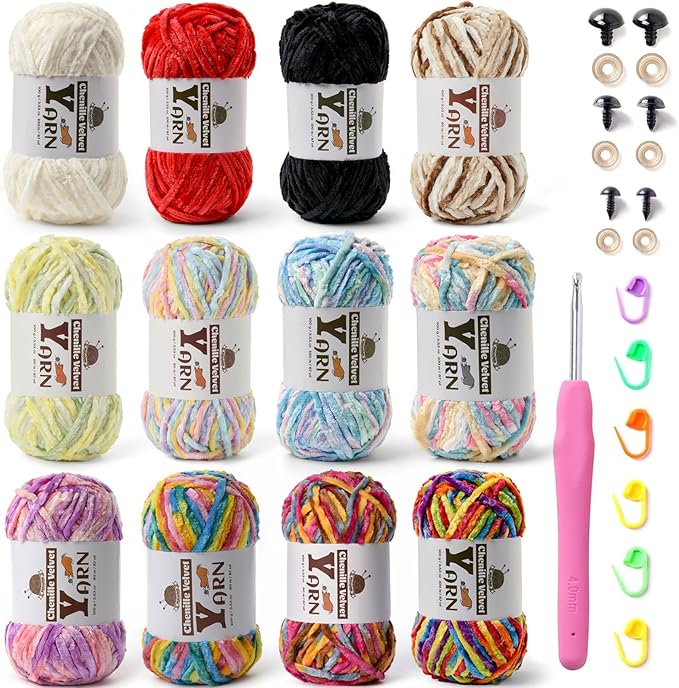 12 Pack Multicolor Crochet Yarns, Fluffy Chunky Chenille Yarn for Crocheting, Fuzzy Velvet Yarns for Crochet Kit, Baby Yarn for Crocheting Soft Amigurumi Yarns Set F (100g/87yds Each)
