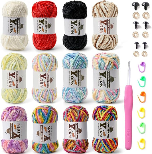 12 Pack Multicolor Crochet Yarns, Fluffy Chunky Chenille Yarn for Crocheting, Fuzzy Velvet Yarns for Crochet Kit, Baby Yarn for Crocheting Soft Amigurumi Yarns Set F (100g/87yds Each)