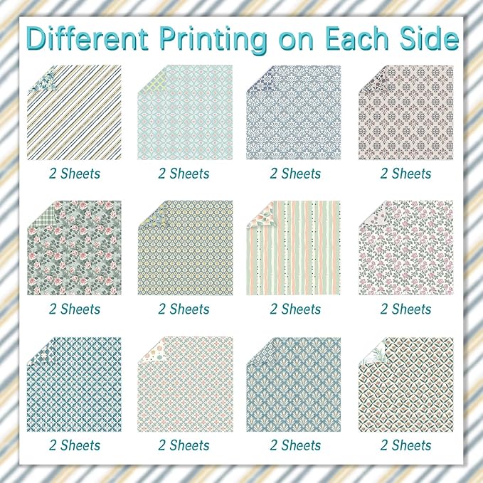 24 Sheets Scrapbook Paper 12" Double-Sided Photo Backdrop Bohemian Patterned (Floral Design K)