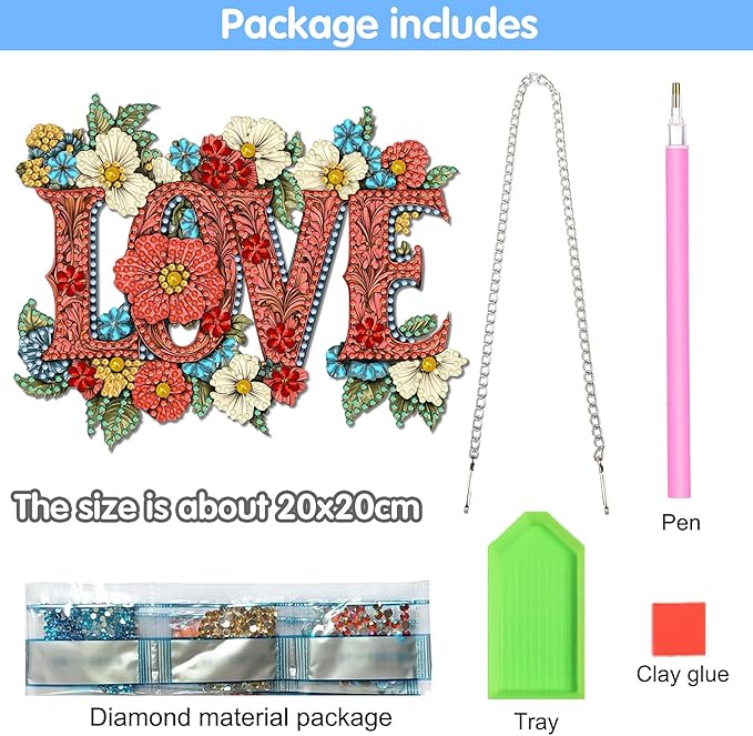 Reofrey Hanging Diamond Art Kits for Adults - 8x8 Inch Love Acrylic Board Double Sided Pattern Diamond Painting Suncatcher Pendant, DIY Crystal Art for Home Wall or Window Decoration Handmade Gift