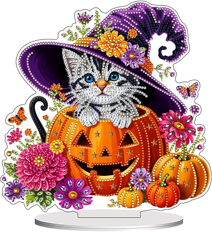 Diamond Art Hanging Kits for Adult, Diamond Art Halloween Crafts Decor, 5D DIY Acrylic Diamond Art Painting Ornaments, Window Pendants Wall Hanging Kits for Home Garden (Cat)