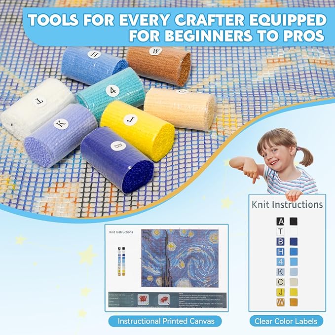 EsLuker.ly Latch Hook Rug Kit DIY Crochet Carpet for Beginners, Starry Sky Patterns Pre-Printed Canvas Yarn Rug Hooking Kits, Creative Craft Home Decor Ideal for Learning Rug Making