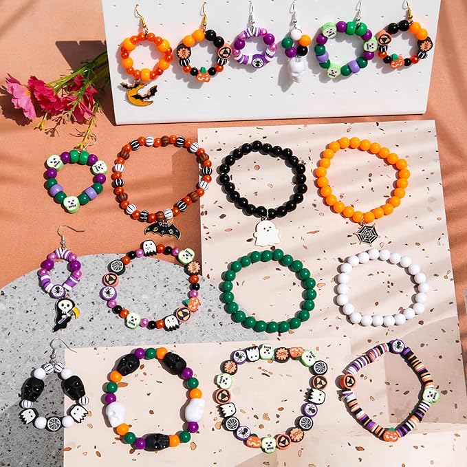 2100+PCS Halloween Beads Kit for Jewelry Making, Spooky DIY Crafts with Clay Charms Acrylic Rounds Pearls Pumpkin Skull Beads Ghost Witch Hat Bat Charms DIY Halloween Bracelets Necklace Earrings Craft