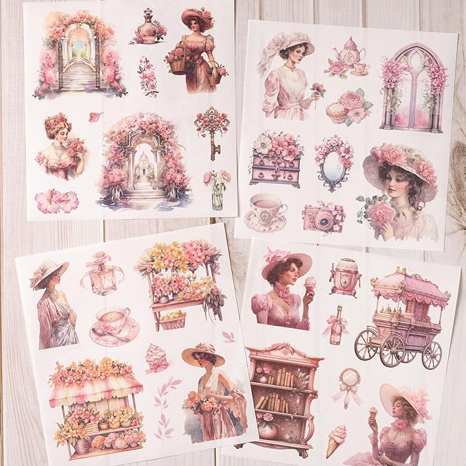 Garden Journaling Stickers, 50 Sheets Washi Junk Journal Sticker Book, Scrapbook Supplies, Watercolor Scrapbooking for Adults, Pink Decorative Ephemera Arts Craft