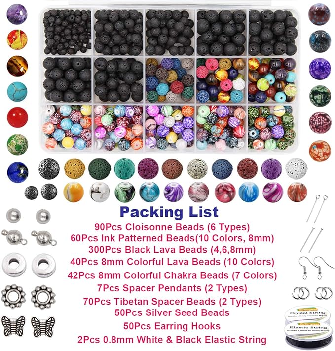 EuTengHao 846Pcs Lava Stone Beads Rock Loose Beads Cloisonne Beads Kit with Ink Patterns Chakra Beads Spacer Pendants Beads for Diffuser Essential Oils Adult DIY Bracelet Jewelry Making Supplies