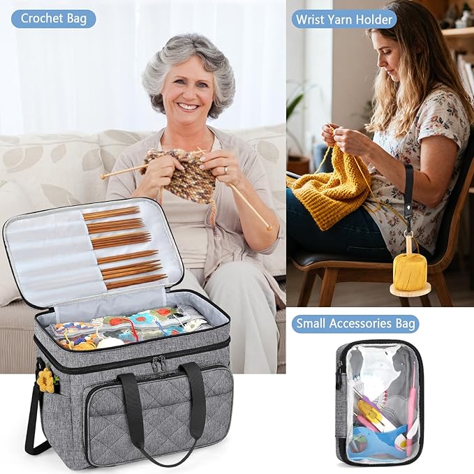 IBFUN 3PCS Crochet Bag with Wrist Yarn Holder, Large Yarn Storage Tote Waterproof Knitting Bag Organizer with Adjustable Strap for Hooks, Needles (Up to 14"), Accessories, Crochet Lovers, Tangle-Free