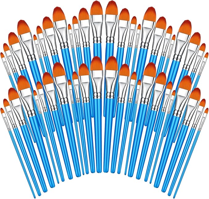 Sherr 48 Pcs Paint Brush Set Bulk Acrylic Brush Wood Paint for Detail Art Crafts Kids Artist Adult Watercolor Oil Face Body(1.1, 1, 0.8, 0.7 Inch,Filbert Style)