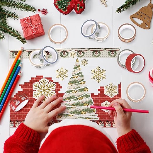 Whaline 12 Rolls Christmas Vintage Washi Tape Santa Claus Snowman Xmas Tree Bell Washi Tape Masking Decorative Party Gift Paper Tape for DIY Craft Scrapbook Decor Party Favor Supplies