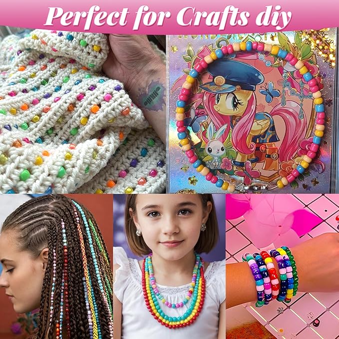 Plastic Pony Beads for Jewelry Making, 1200 Pieces, Multi-Color, 0.35 x 0.22 inch, DIY Craft Beads for Bracelets and Hair Braids (Mixed Color)