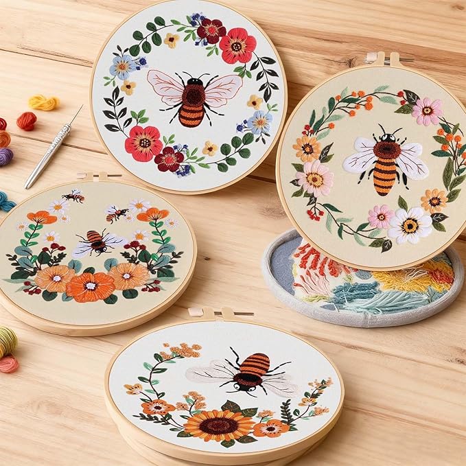 Fakindiy 4 Sets Embroidery Kit for Beginners, Bee Cross Stitch Set for Complete Starter Kit with Hoop, Threads, Needles & Tools,Hand Craft Gift for Lovers (ColorB-bee Pattern)