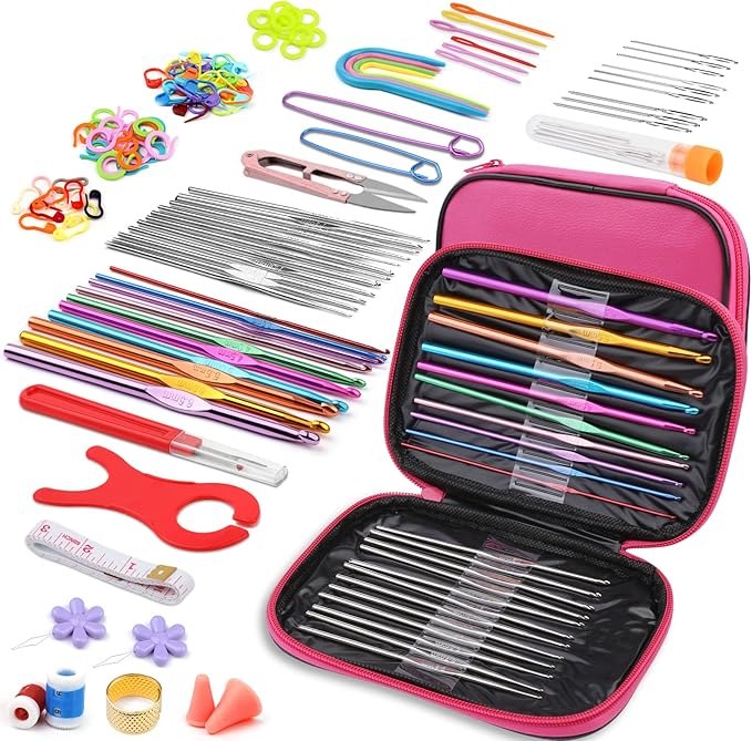 IMZAY 110 Pcs Crochet Hooks Set, 0.6mm-6.5mm Crochet Hooks Kit with Storage Case, Crochet Needles, Ergonomic Knitting Needles Stitch Marker Knitting Accessories for Beginners, Rose