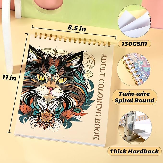 Animal Coloring Book for Adults 41 Unique Single Sided Patterns and 9 Blank Pages with 12 Colored Pencils Set 130GSM Thick Paper Stress Relief & Mindfulness Gift for Women Men, 8.5 X 11in